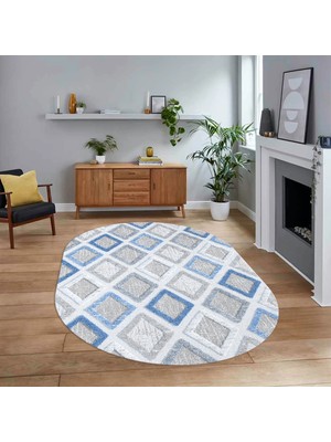 Viyana Home Dijital Baskılı Kaymaz Taban Yıkanabilir Oval Modern Yolluk Salon Halısı, V-O-Modern-66-Mavi,