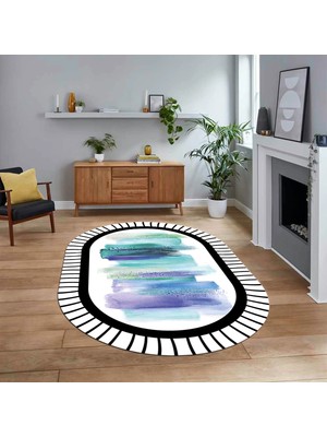 Viyana Home Dijital Baskılı Kaymaz Taban Yıkanabilir Oval Modern Yolluk Salon Halısı, V-O-Modern-22-Turkuaz,