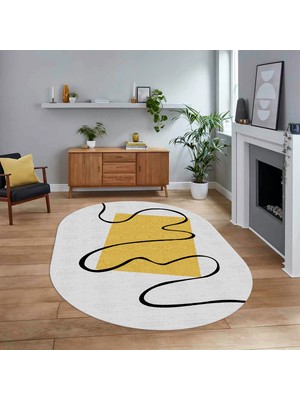 Viyana Home Dijital Baskılı Kaymaz Taban Yıkanabilir Oval Modern Yolluk Salon Halısı, V-O-Modern-61-Sarı,