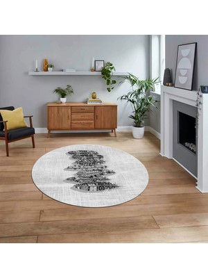 Viyana Home Dijital Baskılı Kaymaz Taban Yıkanabilir Yuvarlak Modern Mutfak Salon Halısı, V-Y-Modern-50-Gri,
