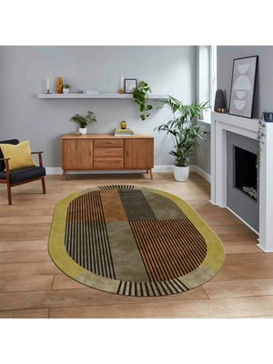 Viyana Home Dijital Baskılı Kaymaz Taban Yıkanabilir Oval Modern Yolluk Salon Halısı, V-O-MODERN-107-KAHVE,