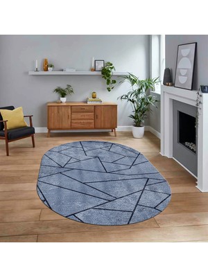 Viyana Home Dijital Baskılı Kaymaz Taban Yıkanabilir Oval Modern Yolluk Salon Halısı, V-O-MODERN-117-MAVİ,
