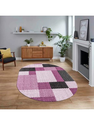 Viyana Home Dijital Baskılı Kaymaz Taban Yıkanabilir Oval Modern Yolluk Salon Halısı, V-O-Modern-77-Mor,
