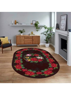 Viyana Home Dijital Baskılı Kaymaz Taban Yıkanabilir Oval Modern Yolluk Salon Halısı, V-O-Modern-21-Bordo,