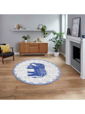 Viyana Home Dijital Baskılı Kaymaz Taban Yıkanabilir Yuvarlak Modern Mutfak Salon Halısı, V-Y-MODERN-101-MAVİ,