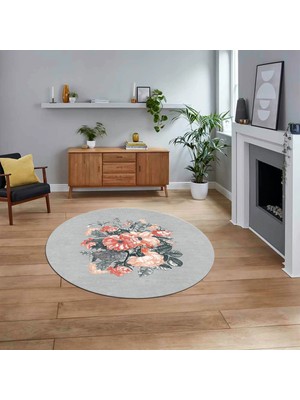 Viyana Home Dijital Baskılı Kaymaz Taban Yıkanabilir Yuvarlak Modern Mutfak Salon Halısı, V-Y-Modern-35-Gri,