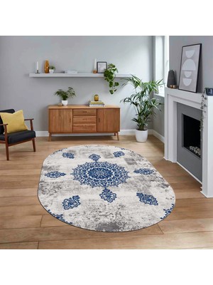 Viyana Home Dijital Baskılı Kaymaz Taban Yıkanabilir Oval Modern Yolluk Salon Halısı, V-O-Modern-45-Mavi,