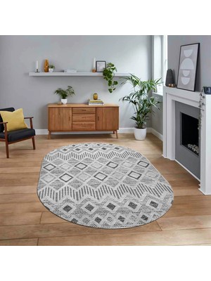 Viyana Home Dijital Baskılı Kaymaz Taban Yıkanabilir Oval Modern Yolluk Salon Halısı, V-O-Modern-67-Gri,