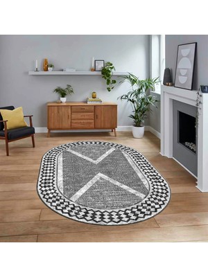 Viyana Home Dijital Baskılı Kaymaz Taban Yıkanabilir Oval Modern Yolluk Salon Halısı, V-O-Modern-07-Antrasit,