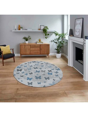 Viyana Home Dijital Baskılı Kaymaz Taban Yıkanabilir Yuvarlak Modern Mutfak Salon Halısı, V-Y-Modern-51-Mavi,