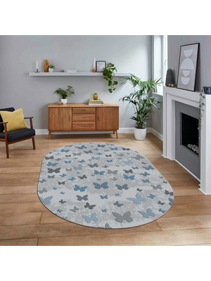 Viyana Home Dijital Baskılı Kaymaz Taban Yıkanabilir Oval Modern Yolluk Salon Halısı, V-O-Modern-51-Mavi,