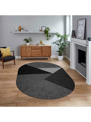 Viyana Home Dijital Baskılı Kaymaz Taban Yıkanabilir Oval Modern Yolluk Salon Halısı, V-O-Modern-38-Antrasit,