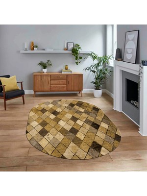 Viyana Home Dijital Baskılı Kaymaz Taban Yıkanabilir Oval Modern Yolluk Salon Halısı, V-O-Modern-31-Kahve,