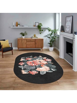 Viyana Home Dijital Baskılı Kaymaz Taban Yıkanabilir Oval Modern Yolluk Salon Halısı, V-O-Modern-35-Antrasit,