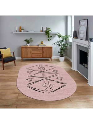 Viyana Home Dijital Baskılı Kaymaz Taban Yıkanabilir Oval Modern Yolluk Salon Halısı, V-O-Modern-59-Pembe,
