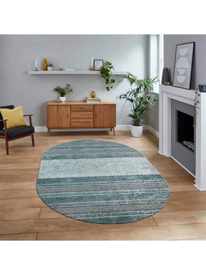 Viyana Home Dijital Baskılı Kaymaz Taban Yıkanabilir Oval Modern Yolluk Salon Halısı, V-O-Modern-83-Turkuaz,