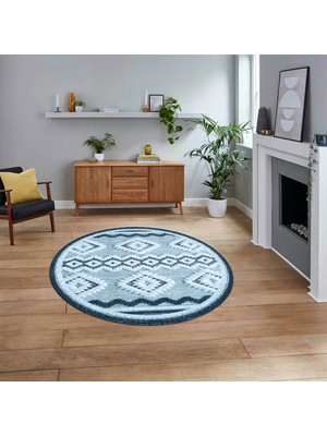 Viyana Home Dijital Baskılı Kaymaz Taban Yıkanabilir Yuvarlak Modern Mutfak Salon Halısı, V-Y-Modern-68-Mavi,
