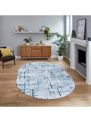 Viyana Home Dijital Baskılı Kaymaz Taban Yıkanabilir Oval Modern Yolluk Salon Halısı, V-O-Modern-89-Mavi,