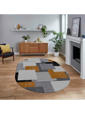 Viyana Home Dijital Baskılı Kaymaz Taban Yıkanabilir Oval Modern Yolluk Salon Halısı, V-O-Modern-47-Kahve,