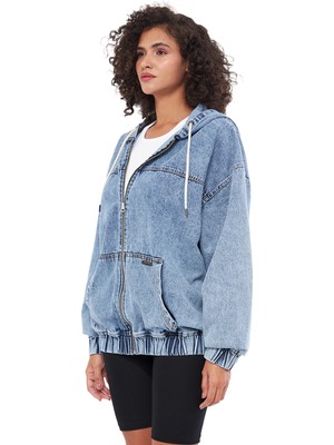 Mesfeno Clothing Mesfeno Fermuarlı Kapşonlu Denim Kumaş Kadın Sweatshirt, Oversize Kesim,  Pamuk, Kanguru Cepli, Ip Detaylı Kapşon, Beli Lastikli