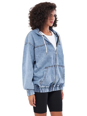 Mesfeno Clothing Mesfeno Fermuarlı Kapşonlu Denim Kumaş Kadın Sweatshirt, Oversize Kesim,  Pamuk, Kanguru Cepli, Ip Detaylı Kapşon, Beli Lastikli