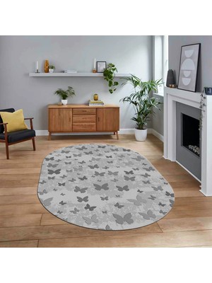 Viyana Home Dijital Baskılı Kaymaz Taban Yıkanabilir Oval Modern Yolluk Salon Halısı, V-O-Modern-51-Gri,
