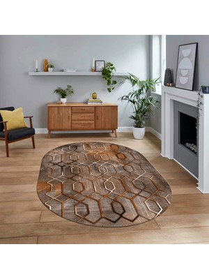 Viyana Home Dijital Baskılı Kaymaz Taban Yıkanabilir Oval Modern Yolluk Salon Halısı, V-O-Modern-90-Kahve,