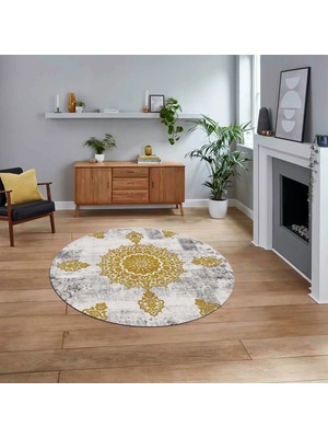 Viyana Home Dijital Baskılı Kaymaz Taban Yıkanabilir Yuvarlak Modern Mutfak Salon Halısı, V-Y-Modern-45-Gold,