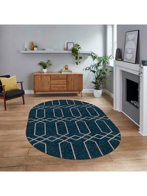 Viyana Home Dijital Baskılı Kaymaz Taban Yıkanabilir Oval Modern Yolluk Salon Halısı, V-O-Modern-88-Mavi,