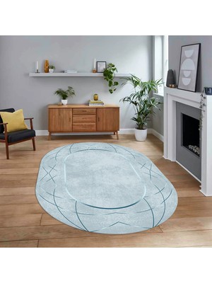 Viyana Home Dijital Baskılı Kaymaz Taban Yıkanabilir Oval Modern Yolluk Salon Halısı, V-O-Modern-62-Mavi,