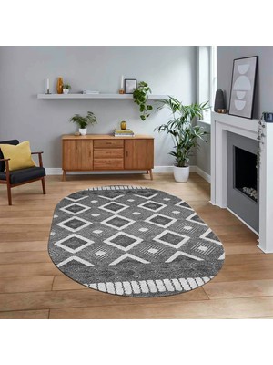 Viyana Home Dijital Baskılı Kaymaz Taban Yıkanabilir Oval Modern Yolluk Salon Halısı, V-O-Modern-69-Gri,