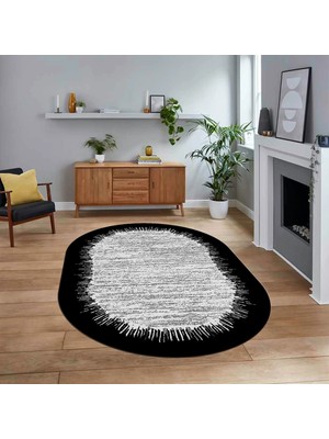 Viyana Home Dijital Baskılı Kaymaz Taban Yıkanabilir Oval Modern Yolluk Salon Halısı, V-O-Modern-43-Siyah,