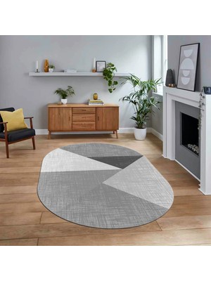 Viyana Home Dijital Baskılı Kaymaz Taban Yıkanabilir Oval Modern Yolluk Salon Halısı, V-O-Modern-38-Gri,