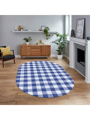 Viyana Home Dijital Baskılı Kaymaz Taban Yıkanabilir Oval Modern Yolluk Salon Halısı, V-O-Modern-55-Lacivert,