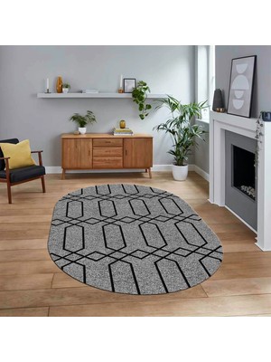Viyana Home Dijital Baskılı Kaymaz Taban Yıkanabilir Oval Modern Yolluk Salon Halısı, V-O-Modern-88-Gri,