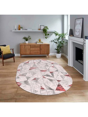 Viyana Home Dijital Baskılı Kaymaz Taban Yıkanabilir Oval Modern Yolluk Salon Halısı, V-O-Modern-82-Pembe,