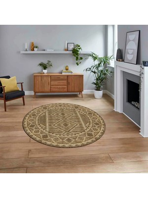 Viyana Home Dijital Baskılı Kaymaz Taban Yıkanabilir Yuvarlak Modern Mutfak Salon Halısı, V-Y-MODERN-108-KAHVE,