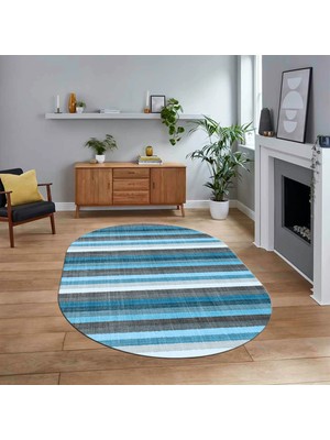 Viyana Home Dijital Baskılı Kaymaz Taban Yıkanabilir Oval Modern Yolluk Salon Halısı, V-O-Modern-25-Mavi,