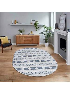 Viyana Home Dijital Baskılı Kaymaz Taban Yıkanabilir Oval Modern Yolluk Salon Halısı, V-O-Modern-64-Mavi,