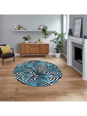 Viyana Home Dijital Baskılı Kaymaz Taban Yıkanabilir Yuvarlak Modern Mutfak Salon Halısı, V-Y-MODERN-100-MAVİ,