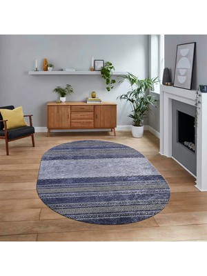 Viyana Home Dijital Baskılı Kaymaz Taban Yıkanabilir Oval Modern Yolluk Salon Halısı, V-O-Modern-83-Mavi,