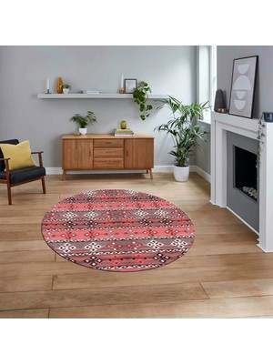 Viyana Home Dijital Baskılı Kaymaz Taban Yıkanabilir Yuvarlak Modern Mutfak Salon Halısı, V-Y-Modern-19-Pembe,