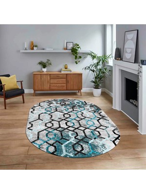 Viyana Home Dijital Baskılı Kaymaz Taban Yıkanabilir Oval Modern Yolluk Salon Halısı, V-O-Modern-03-Mavi,