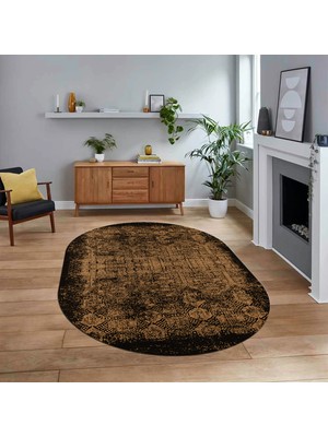 Viyana Home Dijital Baskılı Kaymaz Taban Yıkanabilir Oval Modern Yolluk Salon Halısı, V-O-Modern-04-Kahve,