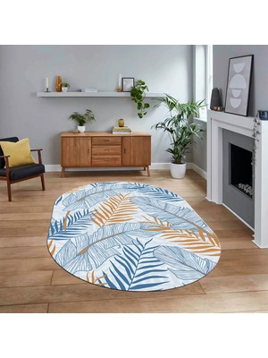 Viyana Home Dijital Baskılı Kaymaz Taban Yıkanabilir Oval Modern Yolluk Salon Halısı, V-O-Modern-98-Mavi,