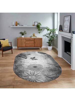 Viyana Home Dijital Baskılı Kaymaz Taban Yıkanabilir Oval Modern Yolluk Salon Halısı, V-O-MODERN-109-GRİ,