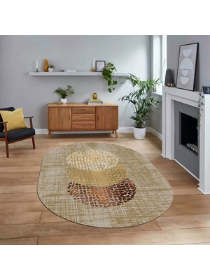 Viyana Home Dijital Baskılı Kaymaz Taban Yıkanabilir Oval Modern Yolluk Salon Halısı, V-O-Modern-01-Kahve,