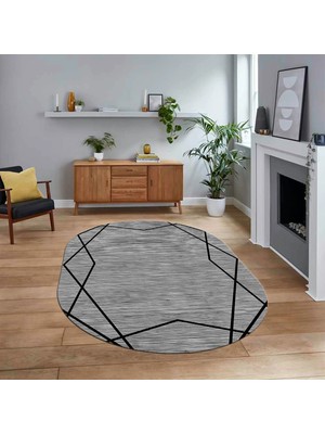 Viyana Home Dijital Baskılı Kaymaz Taban Yıkanabilir Oval Modern Yolluk Salon Halısı, V-O-Modern-05-Gri,
