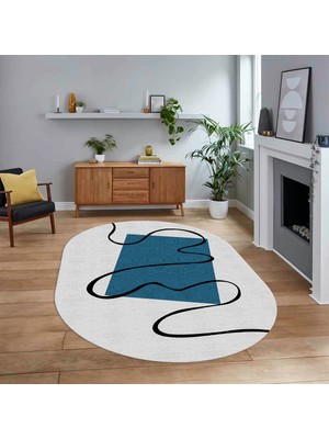 Viyana Home Dijital Baskılı Kaymaz Taban Yıkanabilir Oval Modern Yolluk Salon Halısı, V-O-Modern-61-Mavi,