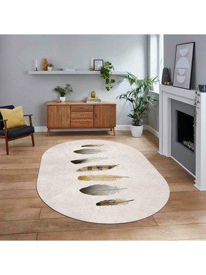 Viyana Home Dijital Baskılı Kaymaz Taban Yıkanabilir Oval Modern Yolluk Salon Halısı, V-O-MODERN-115-KREM,